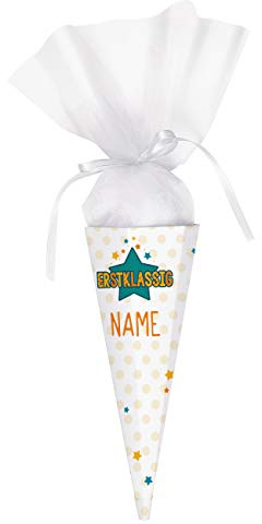 Striefchen® Personalisierte Schultüte - Erstklassig - mit Namen des Erstklässler - eckig, fertig gebastelt Orange 28 cm