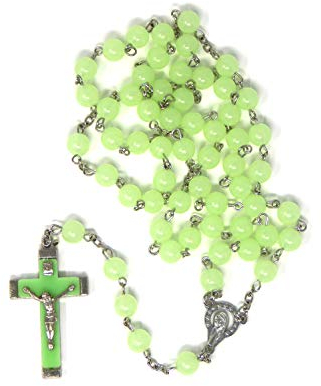 Glow in the dark rosary beads round luminous bead and cross silver chain long 58cm