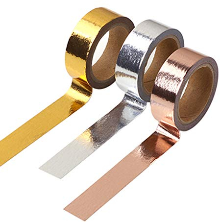 Egurs 3 Rollen Washi Tape Dekoband Masking Tape Dekoratives Klebeband Scrapbooking DIY,Gold + Silber + Roségold