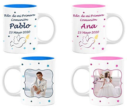 Lote de 5 Originales Tazas de Cerámica PersonalizablesPrimera Comunión(A Elegir). Recuerdos. Vajillas. Regalos para Fiestas de Cumpleaños, Bodas, Bautizos y Comuniones.DC (NIÑO AZUL)