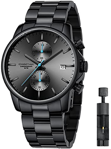 Affute Orologi da uomo in acciaio inox e metallo, stile casual, impermeabile, cronografo al quarzo, data automatica, lancette colorate - Nero Blu