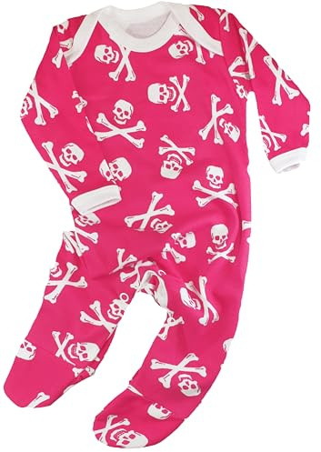 Baby Moo's | Baby Totenkopf Pyjama Jungen oder Mädchen Alternative Piraten Strampler Jolly Roger – Halloween Gothic Baby Kleidung oder Baby Geschenk | Rosa