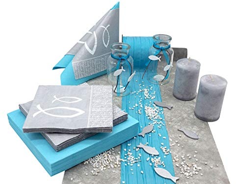 ZauberDeko Tischdeko Kommunion Konfirmation Türkis Blau Silber Grau Weiß Fisch Set 20 Personen