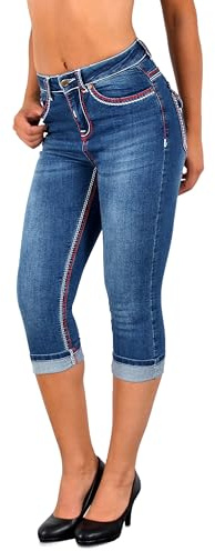 ESRA Damen Capri Hose Damen High Waist Caprihose Kurze Jeans Hose hoher Bund bis Übergröße C21