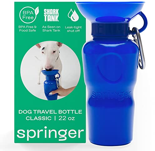Springer Dog Water Bottle | 625ml Portable Travel Water Bottle Dispenser for Dogs - As Seen on Shark Tank | Patented, Leak-Proof Bottles Fill Bowl with Water - Ideal for Walking | BPA-Free (Indigo)