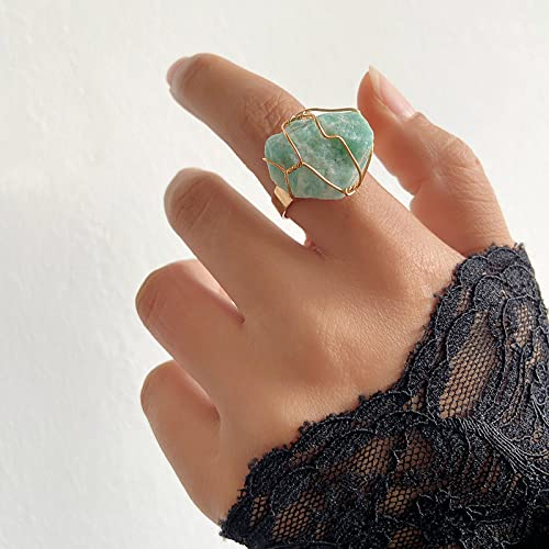 ASDFY Natürlicher Amazonit-Steinring, Unregelmäßiger Kristalldraht, Breiter Ring, Verstellbar, Offene Steinringe, Reiki-Balance, Knöchel-Fingerringe, Ewigkeitsring Für Frauen, Mädchen, Männer
