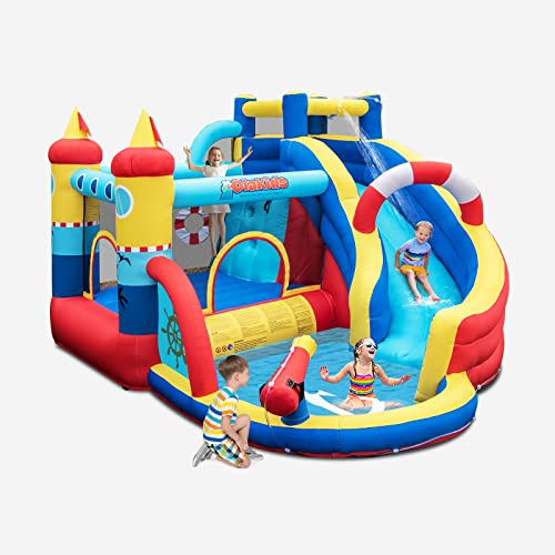 DREAMADE Hüpfburg mit Wasserrutsche, Aufblasbare Hüpfburg mit Langer Rutsche, Bounce Haus mit Wasserpistole & Kletterwand für Kinder 3-10 Jahre, 360 x 290 x 200cm, Hüpfburg Outdoor (ohne Gebläse)