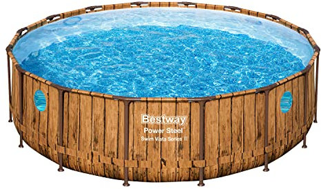 Bestway Power Steel Swim Vista Pool Set | Family Swimming Pool with Windows, Garden Swimming Pool with Filter Pump, Ladder, Pool Cover and ChemConnect Dispenser, 16ft, Wooden Style