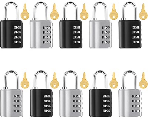 10 Stück Kombinations-Vorhängeschloss, 4-stelliges Zahlenschloss mit Schlüsseln, Schließfach, zurücksetzbar, Sicherheitsschloss, Outdoor, wasserdicht, Torschloss für Schule, Werkzeugkasten, Haspe