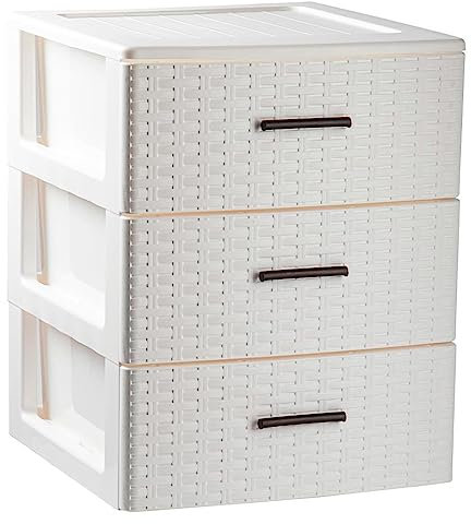 Acan Tradineur - Cajonera de ordenación Rin Rattan de plástico - 3 cajones - Torre de almacenaje multiusos, organizador auxiliar, almacenamiento, baño - 46,5 x 36,5 x 36,5 cm - Color Blanco Roto