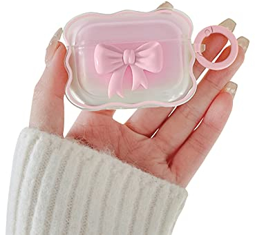 Ownest Kompatibel mit Airpods 3 Hülle Cute Aesthetic Colour 3D Bogen Design mit Schlüsselanhänger Wave Frame Shape TPU Mädchen Girls Transparent AirPods Case - Rosa
