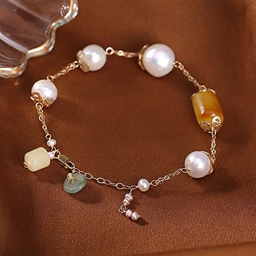 S925 Silber Vergoldete Armbänder, Naturperlenarmband Damenschmuck, Bernstein Bienenwachs Jade Jadeit Duobao Armband, Mode Kreativer Damen Armreif mit Geschenkbox (Naturperle 22cm)
