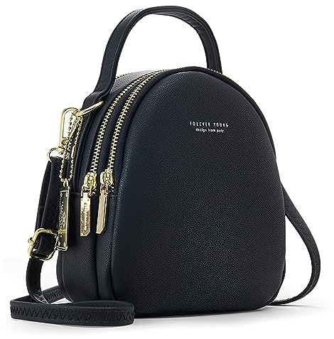 DORRISO Mini Damen Rucksack Elegant Tagesrucksack mit Kopfhörerloch Handtasche für Schule Reisen Lässig Urlaub Outdoor Mädchen Einfach Täglich Wasserdicht Klein PU Leder Backpack Schwarz