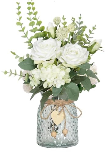 Fleurs Artificielles avec Vase, Bouquet Artificiel, Bouquet D'Hortensias Dans un Vase, DéCoration de Table, Bouquet de Mariage Pour la FêTe, Bureau, Ferme, Cuisine, DéCoration de La Maison, Blanc