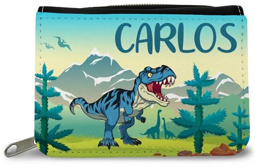 GRAVURZEILE Bedruckte Kinder Geldbörse - Dino - Personalisiert mit Name - Portemonnaie mit Reißverschluss für Taschengeld und Fahrkarte - Geldbeutel für Schüler Jungen & Mädchen - Farbe: Blau