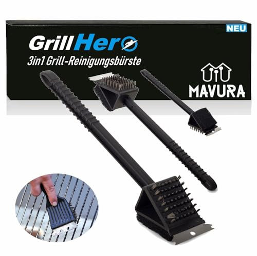 MAVURA GrillHero 3in1 Grillreinigungsbürste Profi BBQ für Grill & Grillrost, aus rostfreiem Stahl - Bürste, Schaber und Schwamm in einem