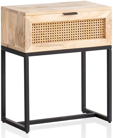 Wohnling Nachtkonsole Mango Massivholz/Rattan 50x60x30 cm Nachttisch Braun, Nachtkommode Boxspringbett mit Schublade Wiener Geflecht, Nachtkästchen mit Stauraum & Metallgestell
