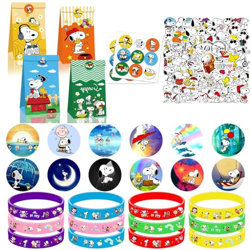 Yisscen 86PCS Snoopy Geburtstag Mitgebsel Kinder - 12 Snoopy Silikonarmband, 12 Snoopy Abzeichen, 12 Snoopy Geschenktüte, 50 Snoopy Aufkleber, für Kindergeburtstag Mitgebsel