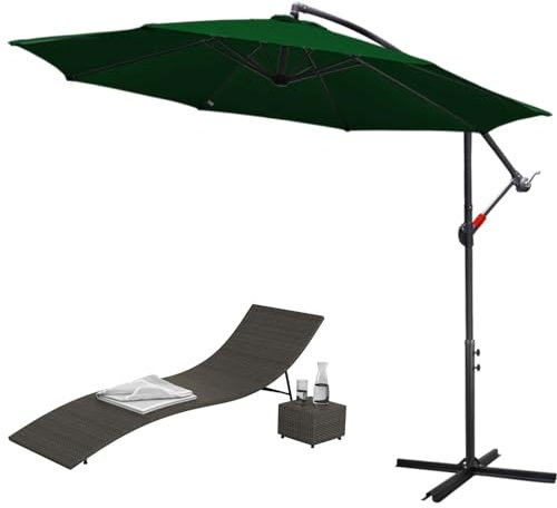 Jopassy Parasol déporté, 300 cm, avec LED solaire, grand, avec support, à manivelle, en aluminium, protection UV, imperméable, pour terrasse, balcon, jardin, vert, Parasol déporté vert avec LED, Ø300