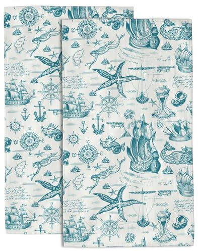Wotinsi Handtücher im Vintage-Stil mit Ankern und Seestern für Badezimmer – Set mit 2 weichen, saugfähigen Badetüchern für Küche, Sport, Fitnessstudio, Yoga, Heimdekoration – 35,6 x 71,1 cm