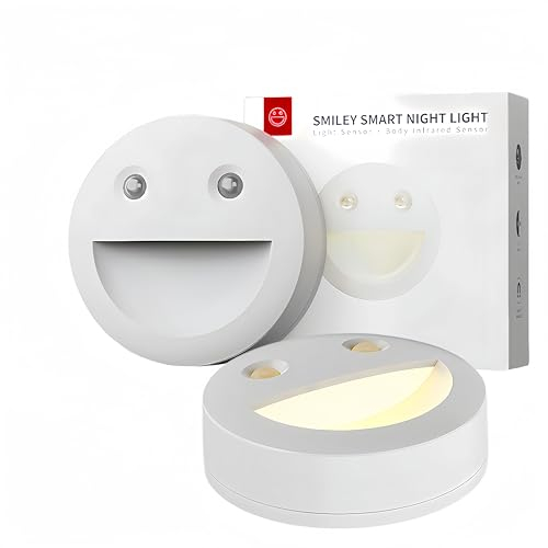Puhui Smiley Nachtlicht mit Bewegungsmelder, 3*AAA Batteriebetriebene lampen mit 4 Modi (Auto Weißfarbmodus/Auto Warmfarbmodus/ON/OFF), Nachtlampe für Schlafzimmer, Schrankbe, Flur [2 Stück]