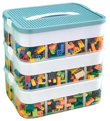 Storage Boxes,Kids Toy Lego Box,Stackable Toys Organizer with Lid,Handle,Plastic Multi Compartment Containers Chest Case for Storing Toys,Jewelry,Beads,Crafts,Tools,Building Blocks (3-Tier Green)