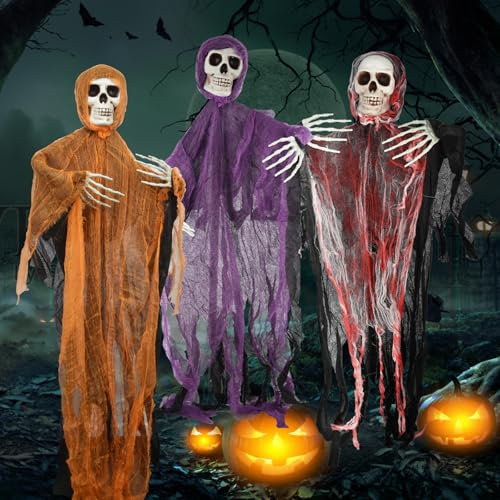 Halloween Deko, 3 Pack / 65cm Halloween Hängende Skelett Gespenst, Hooded Robe Gauze Skeleton, Outdoor Hängende Skelett Gespenst Dekorationen Für Indoor Outdoor Halloween Deko Garten