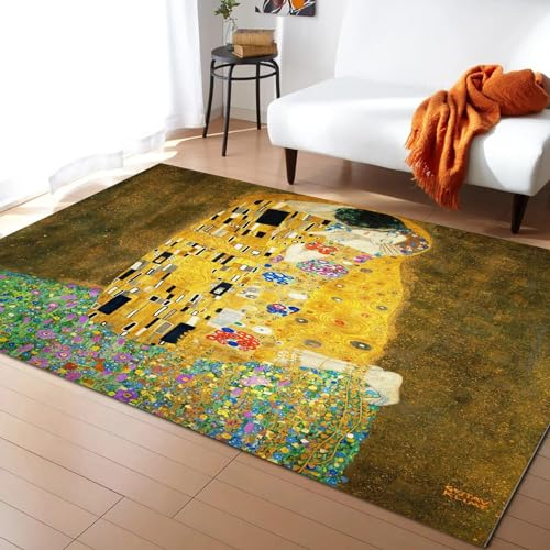 JGGXHM Gustav Klimt-Teppich „Der Kuss“ für Zuhause, Wohnzimmerteppiche, Schlafzimmer, Nachttischdeko, großer Teppich, Kinderzimmer-Fußmatten, 100 x 140 cm