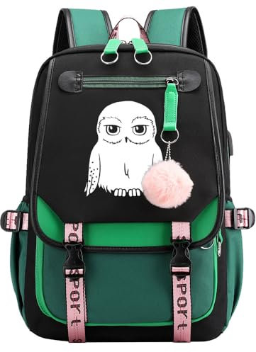 Teenager Harry Magic Rucksack Niedliche Eule Hedwig Schultasche Leichter Laptop Rucksack College Tagesrucksack Reisetasche Grün