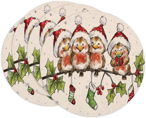 Bseical 4er Set Platzsets Weihnachten, 35cm Tischset Weihnachten Rund, Tischsets Weihnachten Abwaschbar, Leinen Weihnachts Platzsets, Weihnachtstischset FüR KüChe Party Deko (F)
