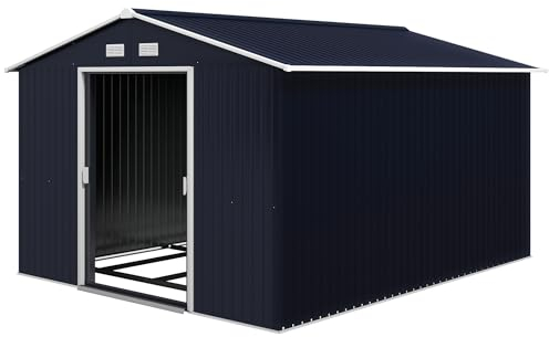 Outsunny Casetta da Giardino 8.3 m² con Fondazione, 4 Prese d'Aria e 2 Porte Scorrevoli, Capanno Porta Attrezzi in Lamiera d'Acciaio, 277x322x192 cm, Grigio Scuro