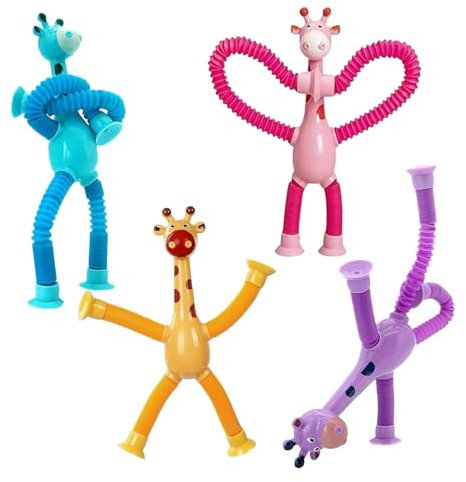 DEXYZZY Teleskopische Saugnapf Giraffe Spielzeug, Giraffen Teleskop Pop Tubes Spielug, Sensorisches Giraffen Spielzeug, 4 Stück Stretch und dekomprimieren neuartige Lernspielzeug