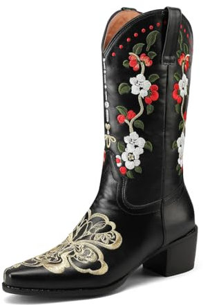 BAISOILIHA Donne Stivali da cowboy Mid Calf Stivali Cowgirl Appuntito tacco a blocco Embroidery Stitched Retrò Stivali Western per donne Le signore Ragazze nero Numero 34