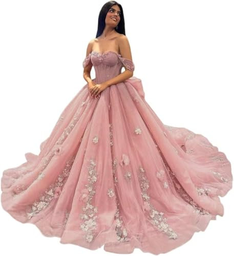 Fuomomo Robes de Quinceanera à épaules dénudées Robes de Bal pour 15 à 16 Ans Robes de soirée en Dentelle avec Appliques MT033