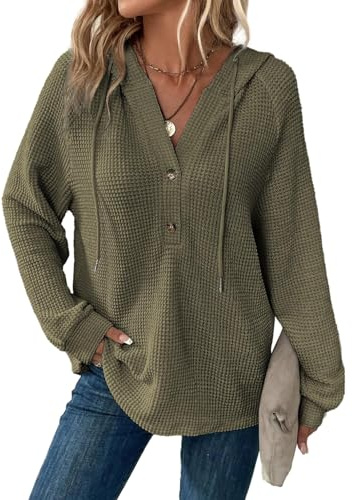Cuptacc Sweatshirt Femme Manche Longue Col V Boutonné Oversize Ample Printemps Pulls Sweat à Capuche Femme avec Cordon Sport Vert armée Petit S 36-38