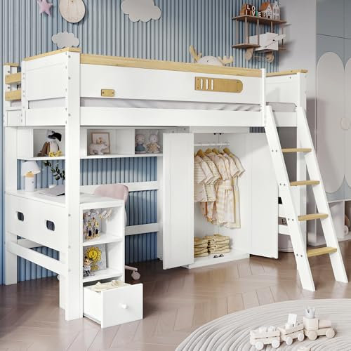 KecDuey Letto a soppalco per bambini, 90 x 200 cm, con griglia di protezione anticaduta, letto per ragazzi con tavolo e armadio, scaffale aperto, ampio spazio di archiviazione, letto singolo con scala