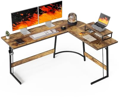 CubiCubi Bureau Gaming Angle 170 x 120 cm, Bureau d'angle avec Support d'écran, Bureau Gamer en Forme de L, Table Gaming Moderne pour Jouer, Étudier et Travailler, Marron Vintage