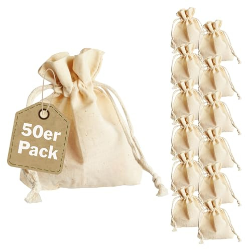 SPRINTIS Baumwollsäckchen 10 x 13 cm (50 Stück), naturfarbene Stoffsäckchen mit Kordelzug, 100% Baumwolle, Geschenkbeutel für Adventskalender und Schmuck