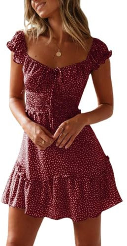 Imily Bela Damen Sommerkleid Rüschen Swing Strandkleid Elegant A-Linie Minikleid High Waist Kleid mit Kordelzug(Weinrot, S)