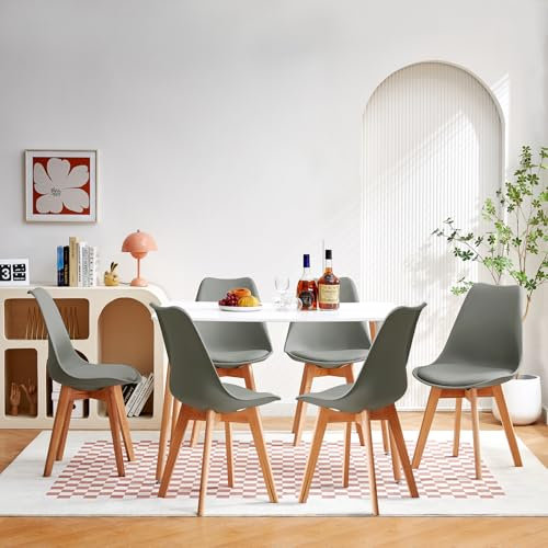 Esstisch-Set für 6 Personen, rechteckiger Tisch, 109,2 cm, geeignet für Esszimmer, Küche, Wohnzimmer, weißer Tisch mit grauen Stühlen