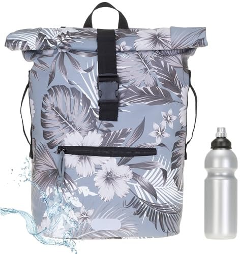 Rucksack Herren Plane Time Bag Kurierrucksack Roll-Top Fahrradrucksack Sport Fitness Damen 23 Liter A4 12821 + Flasche (12818 Grey Flower (1))