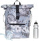 Rucksack Herren Plane Time Bag Kurierrucksack Roll-Top Fahrradrucksack Sport Fitness Damen 23 Liter A4 12821 + Flasche (12818 Grey Flower (1))