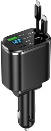 105W 5-in-1 Zigarettenanzünder USB C, Kfz-Ladegerät Einziehbares Auto Ladegerät 12V/24V Kompatibel Schnellladegerät mit Phone 16/15/14/13, Samsung S24/S23, Pad, Galaxy & AirPods.