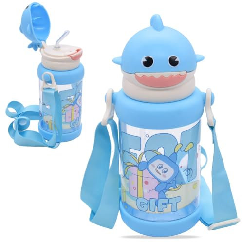 ZPSOSPZ Shark Water Bottle 650ML Shark Sippy Cups With Straw Auto Push Button Straw Drinking Water PC Bottle for Unisex Kids Boys Girls Blue