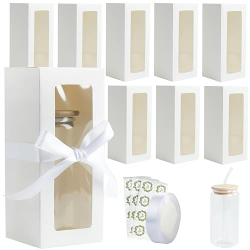 24 Pcs Gift Boxes with Ribbon for Sublimation Glass Exhibition Boxes Transparent Gift Box for 12oz 16oz 20oz Drinking Glasses Jars Wine Sublimation Cups Glass Can Water Bottle Blanks Tumbler (White)