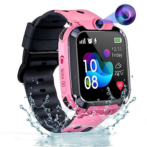 Puhiuyoi Smartwatch Bambini GPS, Orologio Smartwatch Bambino Telefono IP68 Impermeabile Cellulare SOS Touchscreen Giochi Voce Chat Sveglia, Smart Watch Bambina GPS per Ragazzi Ragazze Studenti Regalo