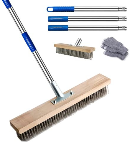 Escoba de Alambre con Mango,30cm Cepillo Alambre,para Eliminar de Musgo, Malas Hierbas y Manchas Difíciles Escoba Metal,Escoba de Exterior Ideal para Patios, Piscinas,Caminos Cepillo Barrendero
