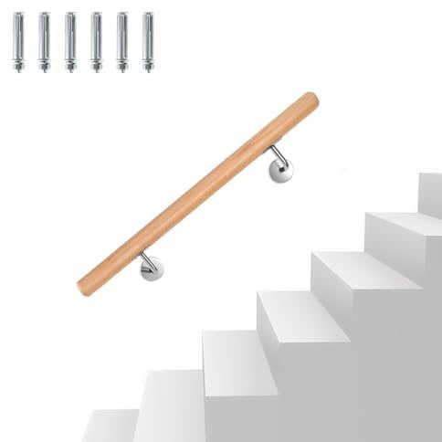 Eikuavons Handlauf Buche Holz, 50cm Geländer Wandhandlauf Wand Treppe mit Wandhalterung und Endkappen, Rutschfester Holzhandlauf Treppengeländer für Treppen Balkon, Runder 42 mm Ø