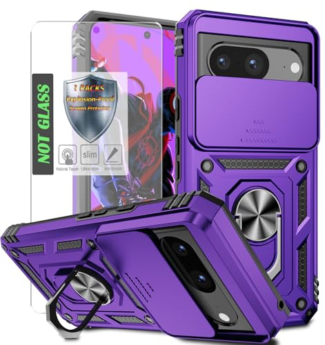 AYMECL Pixel 8 Case with Slide Camera Cover & HD Screen Protector, Heavy Duty Shockproof Protective Case with Rotated Ring Kickstand for Google Pixel 8,Purple