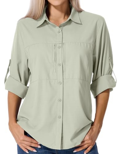 Asfixiado Shirts Damen UV Shirt UPF 50+ Safari Kleidung Wanderbluse Damen Hemdbluse Outdoor Atmungsaktiv Quick Dry Sonnenschutz Langarmshirt Bluse（5087 Light Khaki XXL）